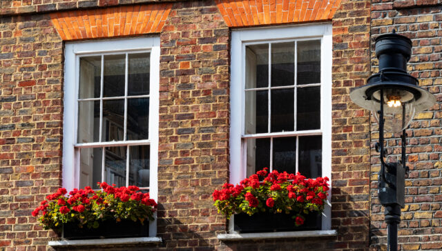 two sash windows in a brick building, red flowerboxes below the windows