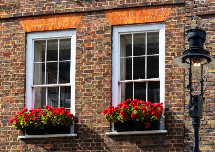 two sash windows in a brick building, red flowerboxes below the windows